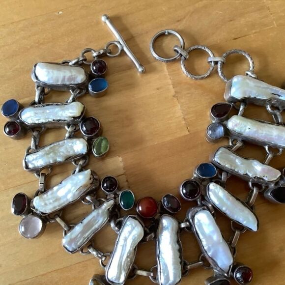 Sterling SILVER 925 MOTHER OF PEARL/MULTICOLOR GEMSTONE GORGEOUS BRACELE… - Picture 8 of 8